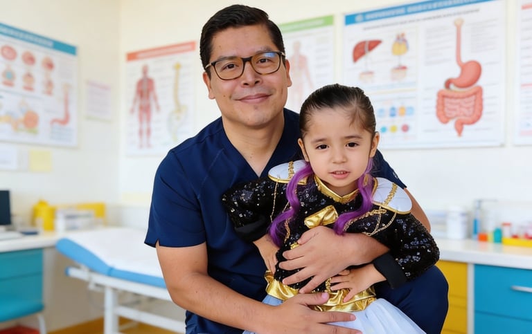 Healthcare professional in blue scrubs holding a young child in a medical clinic room with anatomical charts on walls