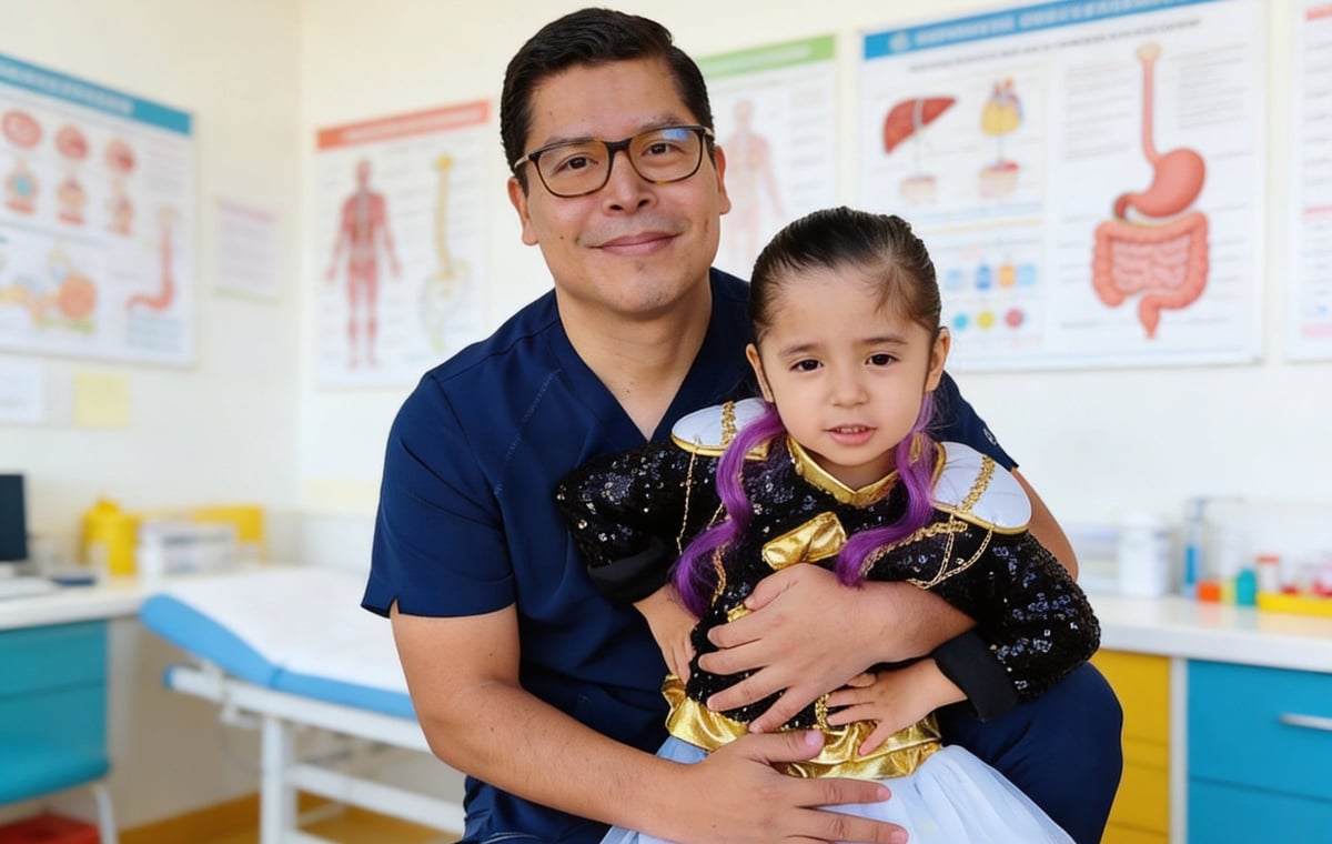 Male healthcare provider in blue scrubs holding a young child in a medical clinic with anatomical charts on the walls